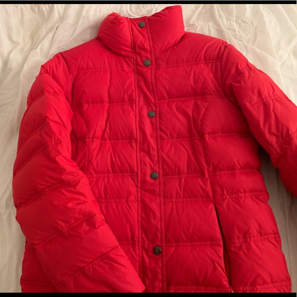 Red puffer coat